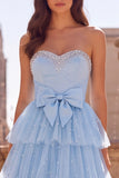 Light Blue Sweetheart Beaded Tiered A Line Prom Dress with Bow