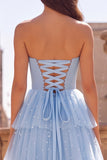 Light Blue Sweetheart Beaded Tiered A Line Prom Dress with Bow