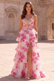 Strapless A Line Beaded Corset Tiered Fuchsia Floral Prom Dress with Slit