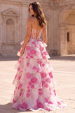 Strapless A Line Beaded Corset Tiered Fuchsia Floral Prom Dress with Slit