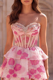Strapless A Line Beaded Corset Tiered Fuchsia Floral Prom Dress with Slit