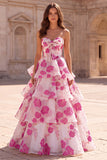 Floral Fuchsia Strapless Tiered A Line Prom Dress with Bow