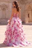 Floral Fuchsia Strapless Tiered A Line Prom Dress with Bow