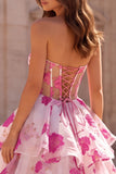 Floral Fuchsia Strapless Tiered A Line Prom Dress with Bow