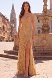Off the Shoulder Mermaid Sequin Corset Gold Prom Dress with Slit