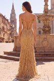 Off the Shoulder Mermaid Sequin Corset Gold Prom Dress with Slit