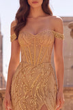 Off the Shoulder Mermaid Sequin Corset Gold Prom Dress with Slit