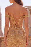 Off the Shoulder Mermaid Sequin Corset Gold Prom Dress with Slit