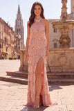 Pink Mermaid Halter Beaded Fringed Sequin Prom Dress
