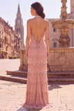 Pink Mermaid Halter Beaded Fringed Sequin Prom Dress