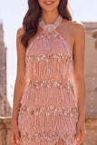 Pink Mermaid Halter Beaded Fringed Sequin Prom Dress