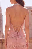 Pink Mermaid Halter Beaded Fringed Sequin Prom Dress