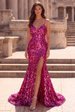 Sparkly Fuchsia Sequin Spaghetti Straps Mermaid Prom Dress with Slit