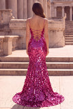 Sparkly Fuchsia Sequin Spaghetti Straps Mermaid Prom Dress with Slit