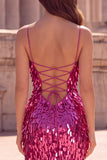 Sparkly Fuchsia Sequin Spaghetti Straps Mermaid Prom Dress with Slit