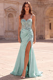 Mint Beaded Spaghetti Straps Mermaid Prom Dress with Slit