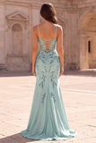 Mint Beaded Spaghetti Straps Mermaid Prom Dress with Slit