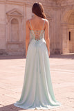 Mermaid Spaghetti Straps Beaded Draped Mint Prom Dress with Slit