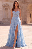 Light Blue A Line Beaded Floral Strapless Prom Dress with Slit