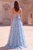 Light Blue A Line Beaded Floral Strapless Prom Dress with Slit