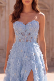 Light Blue A Line Beaded Floral Strapless Prom Dress with Slit