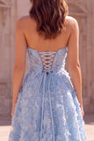 Light Blue A Line Beaded Floral Strapless Prom Dress with Slit