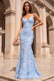 Mermaid Spaghetti Straps Floral Beaded Light Blue Prom Dress
