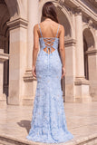Mermaid Spaghetti Straps Floral Beaded Light Blue Prom Dress