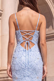 Mermaid Spaghetti Straps Floral Beaded Light Blue Prom Dress
