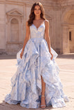 Light Blue Ruffled A Line Spaghetti Straps Jacquard Prom Dress with Slit