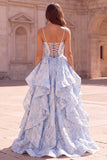 Light Blue Ruffled A Line Spaghetti Straps Jacquard Prom Dress with Slit
