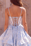 Light Blue Ruffled A Line Spaghetti Straps Jacquard Prom Dress with Slit