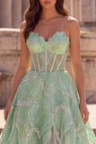 Mint Green Strapless Rhinestone Corset A Line Prom Dress