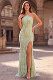 Halter Mermaid Rhinestone Mint Green Prom Dress with Slit