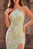 Halter Mermaid Rhinestone Mint Green Prom Dress with Slit