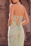 Halter Mermaid Rhinestone Mint Green Prom Dress with Slit