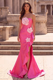 Fuchsia Mermaid 3D Flower Ruffled Strapless Prom Dress with Slit