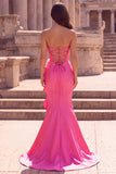 Fuchsia Mermaid 3D Flower Ruffled Strapless Prom Dress with Slit
