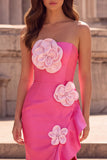 Fuchsia Mermaid 3D Flower Ruffled Strapless Prom Dress with Slit