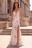 White Flower Sequin Spaghetti Straps Mermaid Prom Dress with Slit