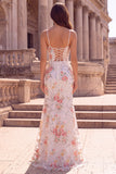 White Flower Sequin Spaghetti Straps Mermaid Prom Dress with Slit