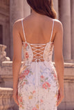 White Flower Sequin Spaghetti Straps Mermaid Prom Dress with Slit