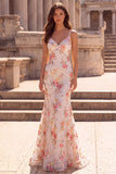 Pink Flower Mermaid Sequin Prom Dress with Lace-up Back