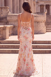 Pink Flower Mermaid Sequin Prom Dress with Lace-up Back