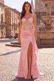 Pink Mermaid Floral Applique Corset Long Prom Dress with Slit