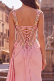 Pink Mermaid Floral Applique Corset Long Prom Dress with Slit