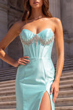 Mint Corset Sweetheart Beaded Mermaid Prom Dress with Slit