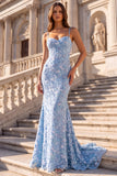 Light Blue Mermaid Sequin Floral Prom Dress with Lace-up Back