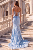 Light Blue Mermaid Sequin Floral Prom Dress with Lace-up Back