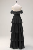 Eucalyptus A-Line Off The Shoulder Tiered Pleated Floor Length Bridesmaid Dress